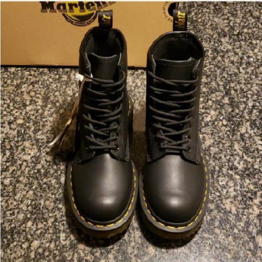 Dr. Martens Black Leather Lace-Up Boots with Yellow Stitching